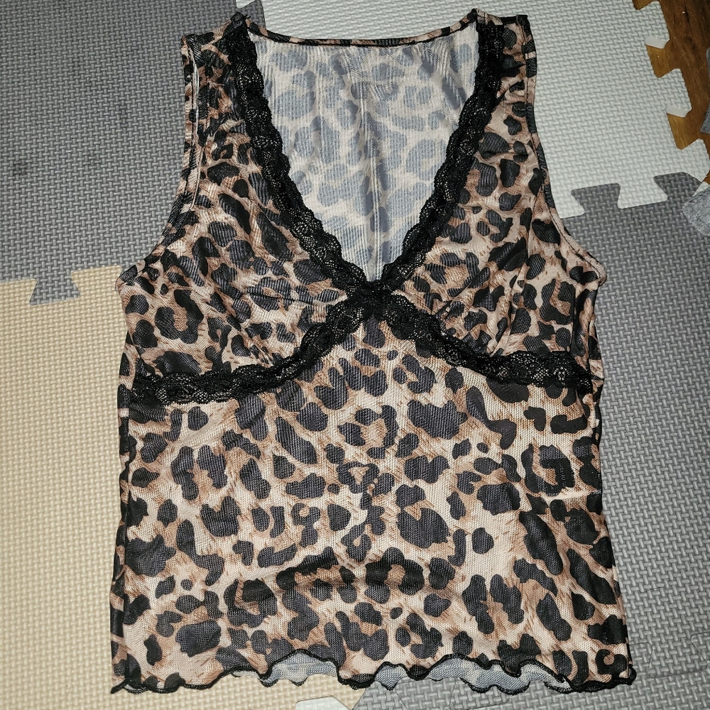 Leopard print & lace mesh tank top